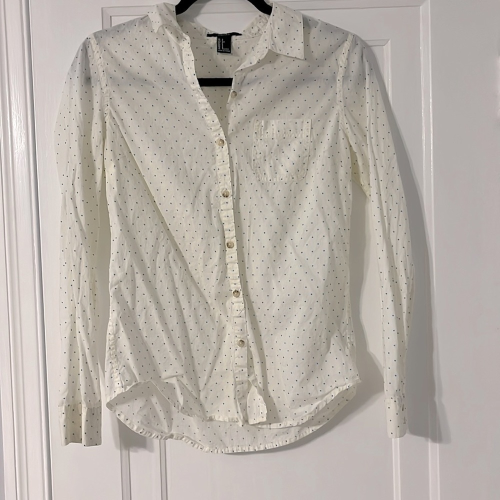 Polka dot blue and cream polka dot button down